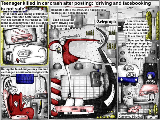 Bob Schroeder | Tenager killed in car crash after posting | ‘driving and facebooking is not safe’ | Moments before the crash, she had posted a message on Facebook saying: I can’t discuss this now. Driving and facebooking is not safe! Haha. There was a time when we were all able to get into a car and drive, and listen to the radio or talk to our family. Now, we feel like we’ve got to get just everything done in the car, and I just think we need to be a little bit … simpler.