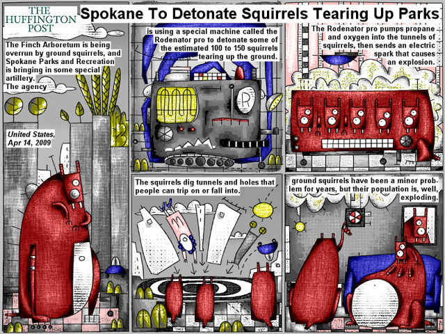 Bob Schroeder | Squirrels Tearing Up Parks | An exploding population | The agency is using a special machine called the Rodenator pro to detonate some of the estimated 100 to 150 squirrels tearing up the ground. The Rodenator pumps propane and oxygen into the tunnels of squirrels, then sends an electric spark that causes an explosion.