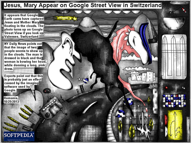 Bob Schroeder | Jesus, Mary Appear on Google Street View in Switzerland | It appears that Google Earth cams have captured Jesus and Mother Mary floating in the clouds. The photo turns up on Google Street View if you look up Valensee, Switzerland. NY Daily News points out that the image of two people seems to show up in the clouds. The man is dressed in black and the woman is bowing her head, while donning a long, pink dress. Experts point out that this is probably just an effect caused by the imaging software used by Google.